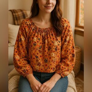 Sonoma Floral Peasant Blouse 100% Cotton Rust Orange Boho Cottagecore M